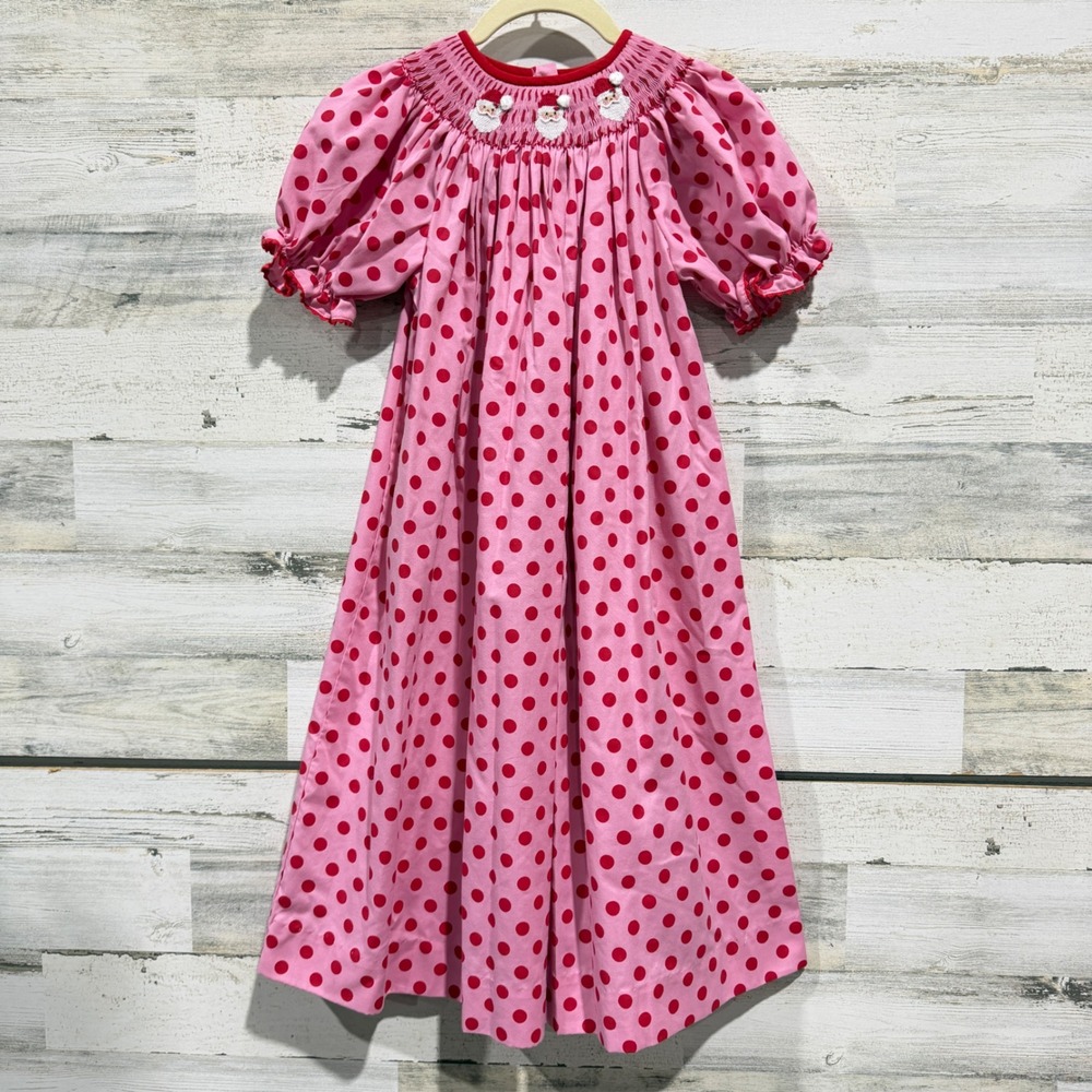 Southern Sunshine Smocked Dress Girls 7 Pink Santa Polka Dot Holiday EUC